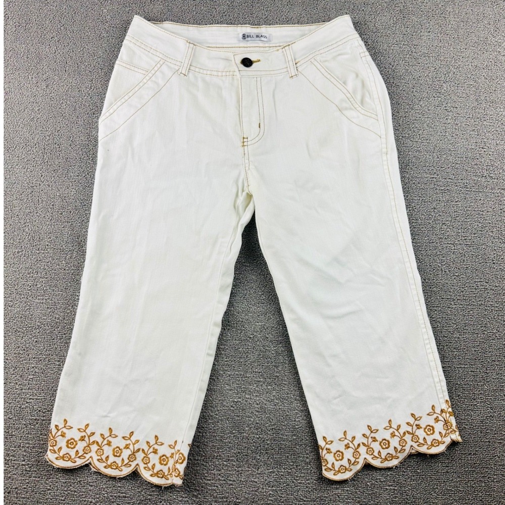 Bill Blass Women 6 White‎ Capri Pants Cropped Floral Embroidered Scalloped Hem